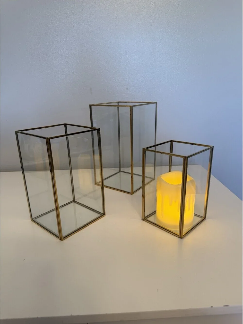 Hewory Hurricane Candle Holders - Set Of 3 - Glass With Gold Framing Home Decor